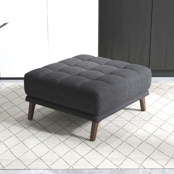 Dark Grey Linen Tufted Ottoman with Solid Wood Legs