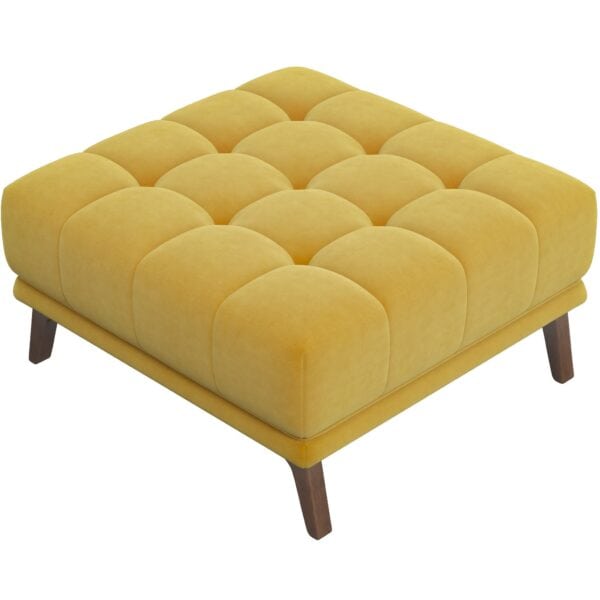 Yellow Velvet Tufted Ottoman with Solid Wood Legs
