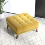 Yellow Velvet Tufted Ottoman with Solid Wood Legs