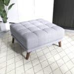 Light Grey Linen Tufted Ottoman with Solid Wood Legs