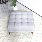Light Grey Linen Tufted Ottoman with Solid Wood Legs