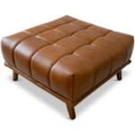 Cognac Leather Tufted Ottoman with Solid Wood Legs
