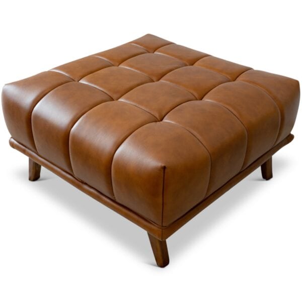 Cognac Leather Tufted Ottoman with Solid Wood Legs