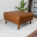 Cognac Leather Tufted Ottoman with Solid Wood Legs