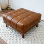 Cognac Leather Tufted Ottoman with Solid Wood Legs