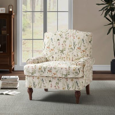 Adolf Bird Print Linen Living Room Armchair with Wood Legs