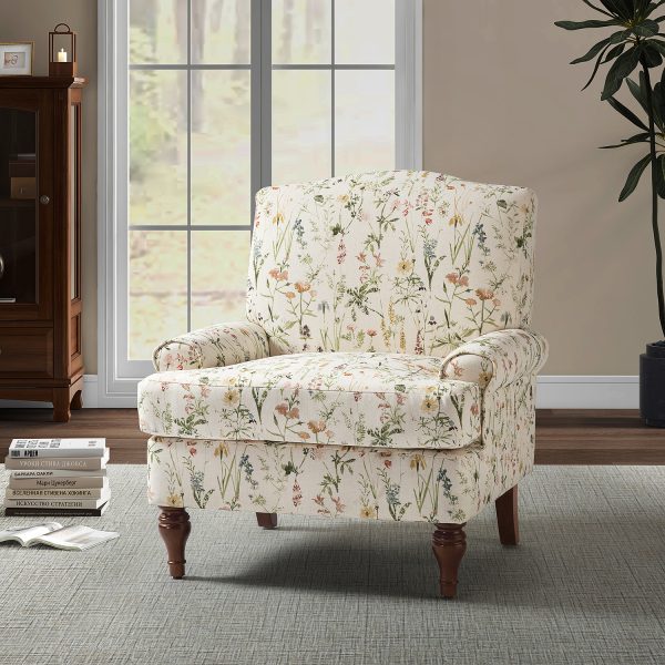 Adolf Bird Print Linen Living Room Armchair with Wood Legs