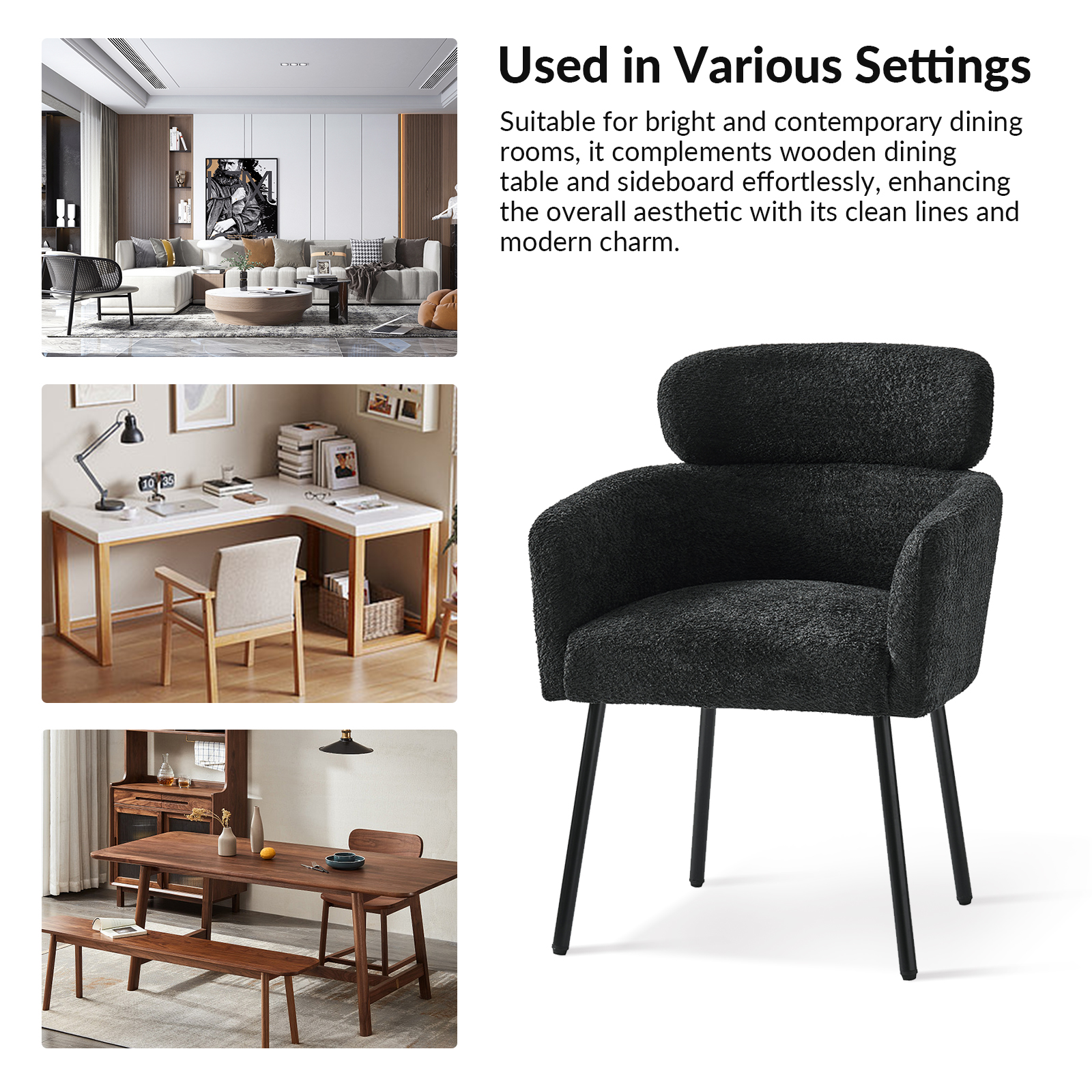 Adrian Black Lambswool Boucle Modern Dining Chair 3 Adrian Black Lambswool Boucle Modern Dining Chair - Image 3