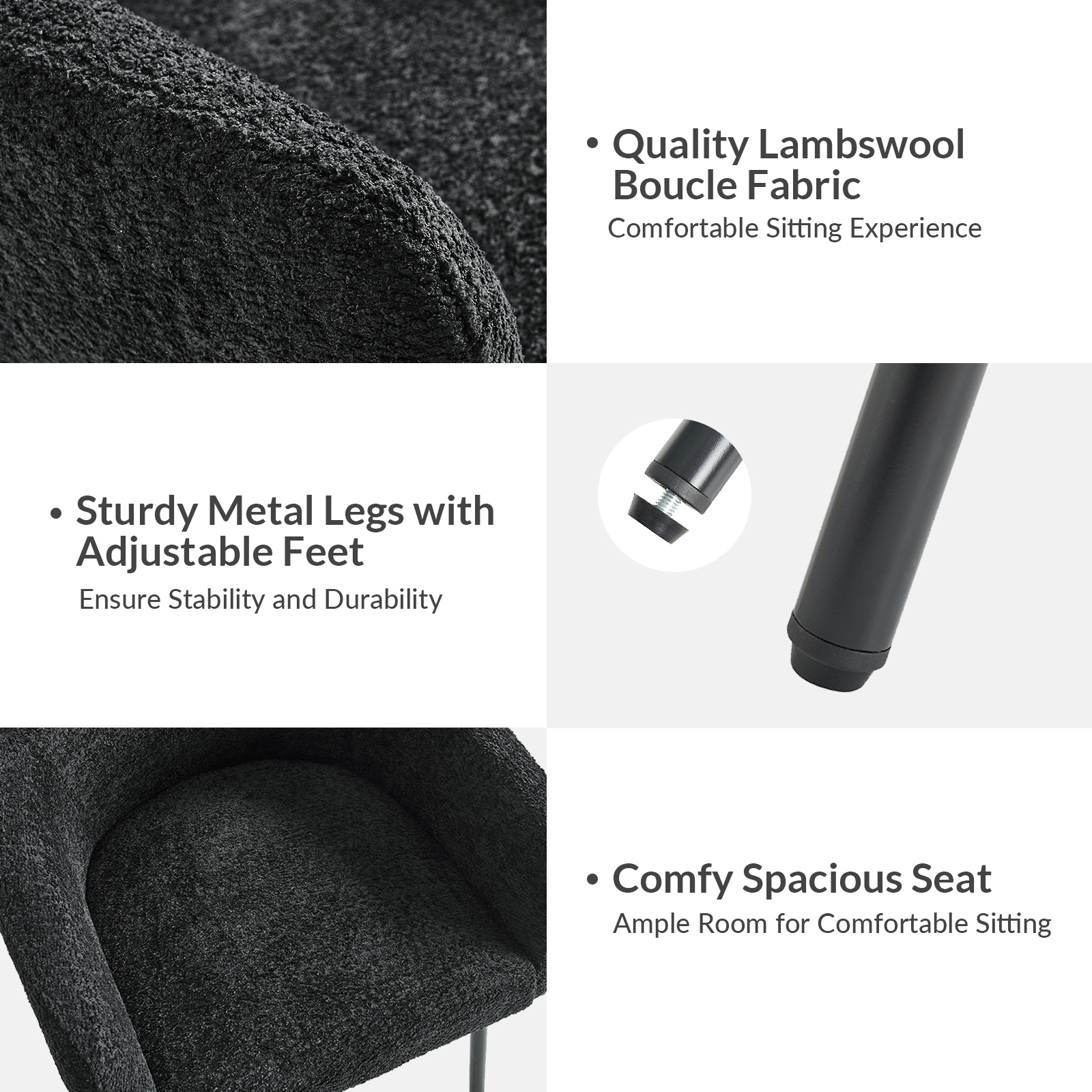 Adrian Black Lambswool Boucle Modern Dining Chair 4 Adrian Black Lambswool Boucle Modern Dining Chair - Image 4