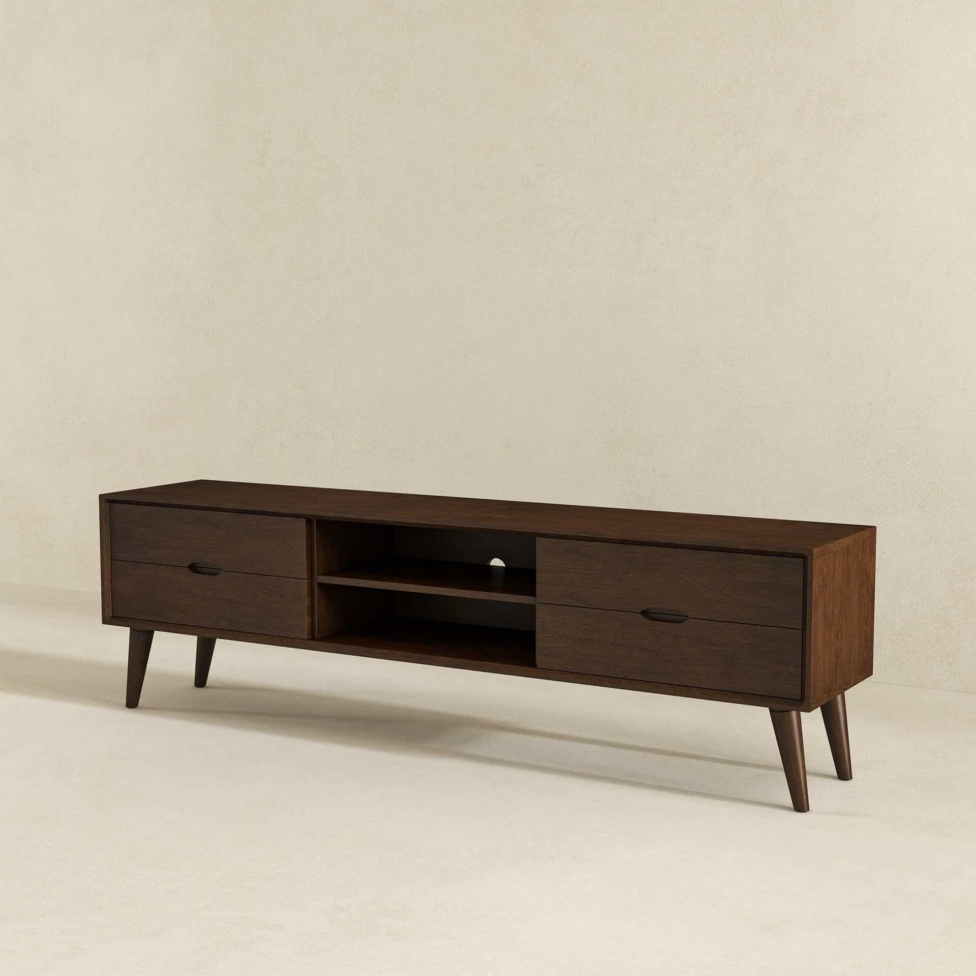 Brown Solid Wood Mid-Century Modern Low Profile TV Stand 7 Brown Solid Wood Mid-Century Modern Low Profile TV Stand
