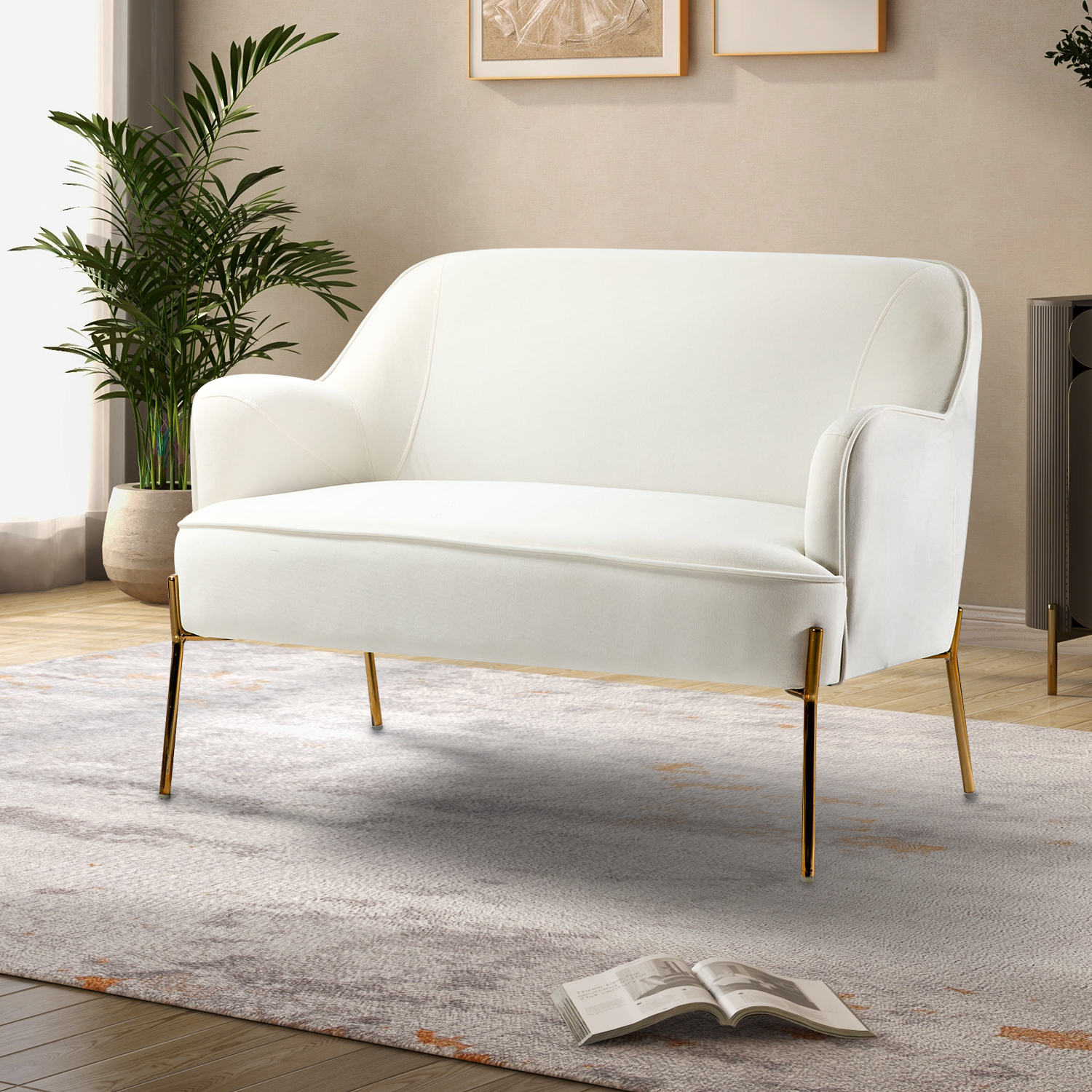 Aginaga Ivory Velvet Piped Edge Small Space Loveseat 1 Aginaga Ivory Velvet Piped Edge Small Space Loveseat