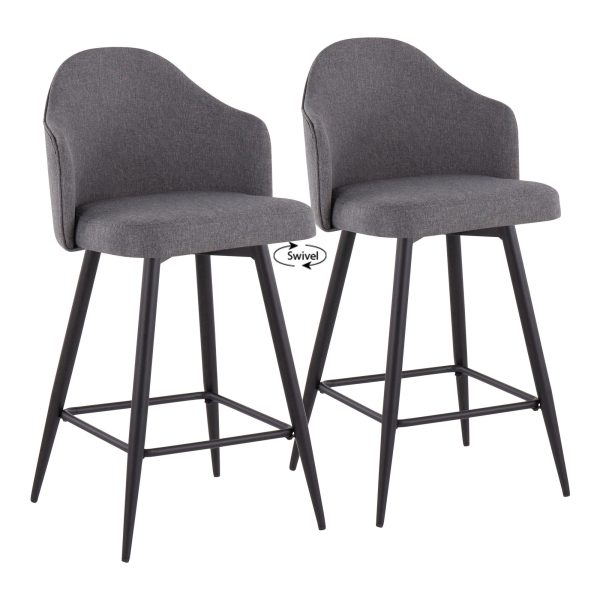 Ahoy 26 Inch Black Metal Grey Fabric Swivel Counter Stool Set of 2 1