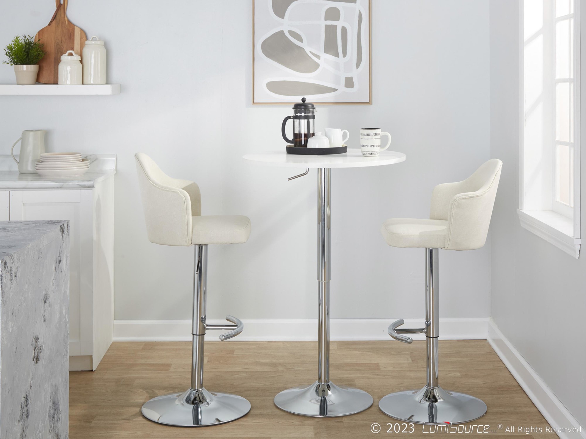 Ahoy Chrome and Cream Contemporary Adjustable Barstools (Set of 2) 3 Ahoy Chrome and Cream Contemporary Adjustable Barstools (Set of 2) - Image 3