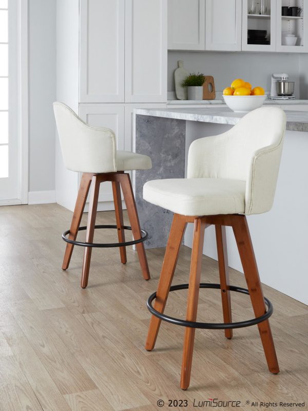 Ahoy Cream Fabric Walnut Bamboo Contemporary Counter Stools Set of 2 1