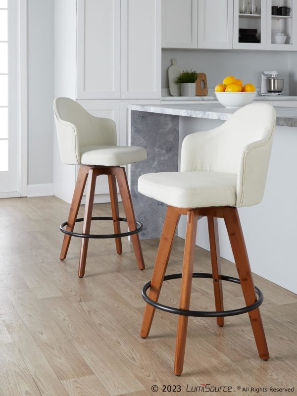 Ahoy Cream Fabric Walnut Bamboo Contemporary Counter Stools Set of 2
