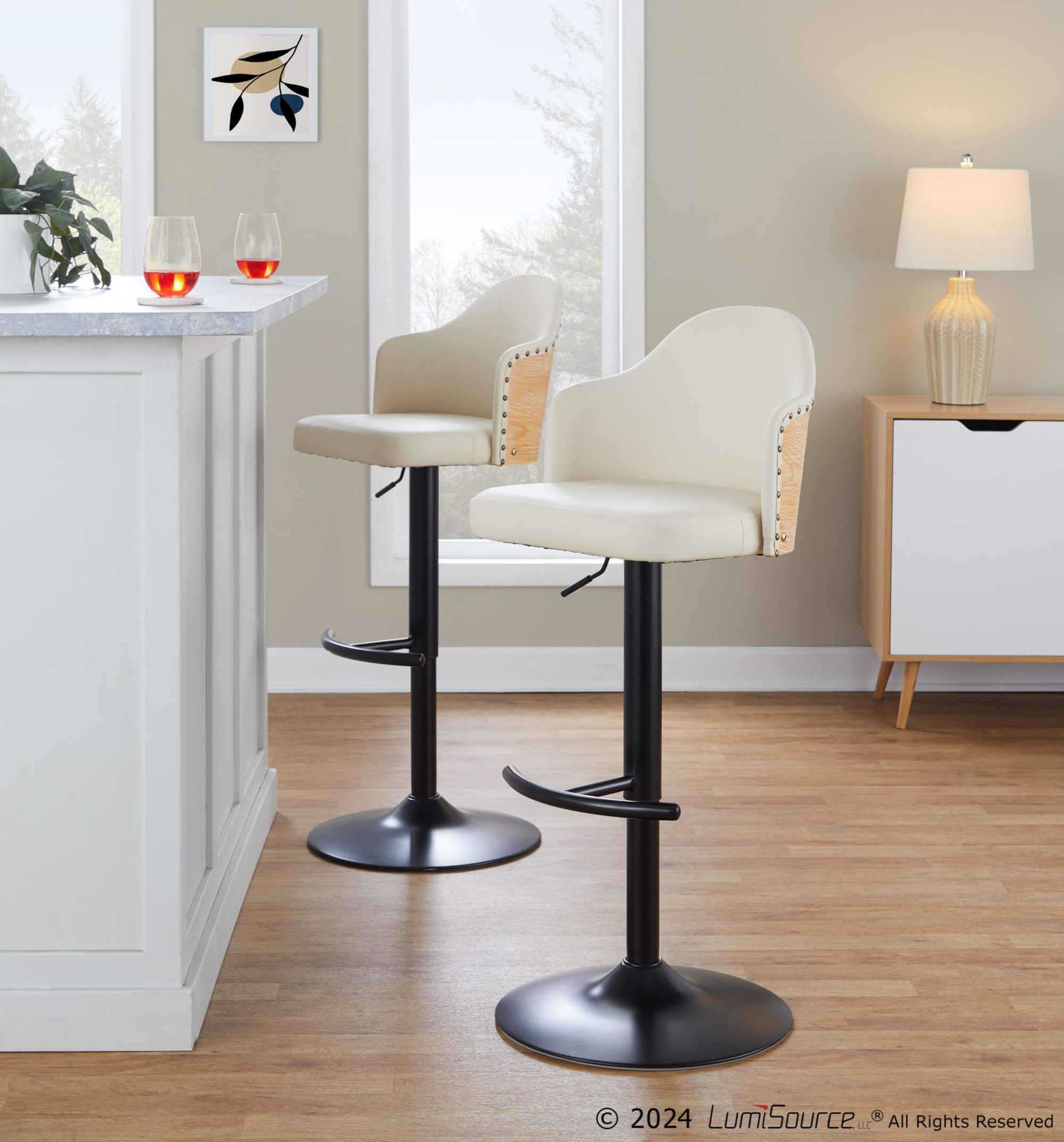 Ahoy Cream Faux Leather Adjustable Contemporary Barstools (Set of 2) 3 Ahoy Cream Faux Leather Adjustable Contemporary Barstools (Set of 2) - Image 3