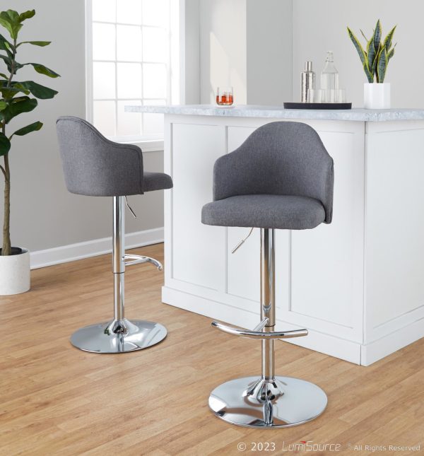 Ahoy Grey Fabric Chrome Contemporary Adjustable Barstools Set of 2 1