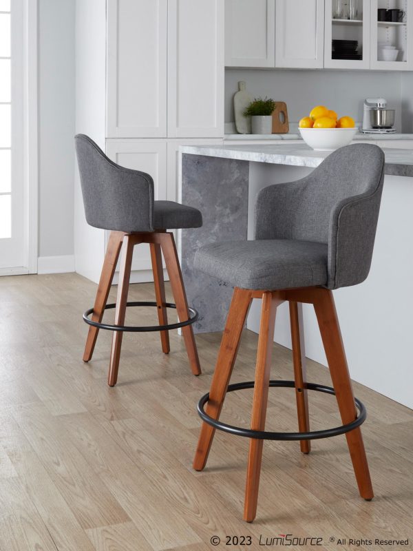 Ahoy Grey Fabric Walnut Contemporary Counter Stools Set of 2 1