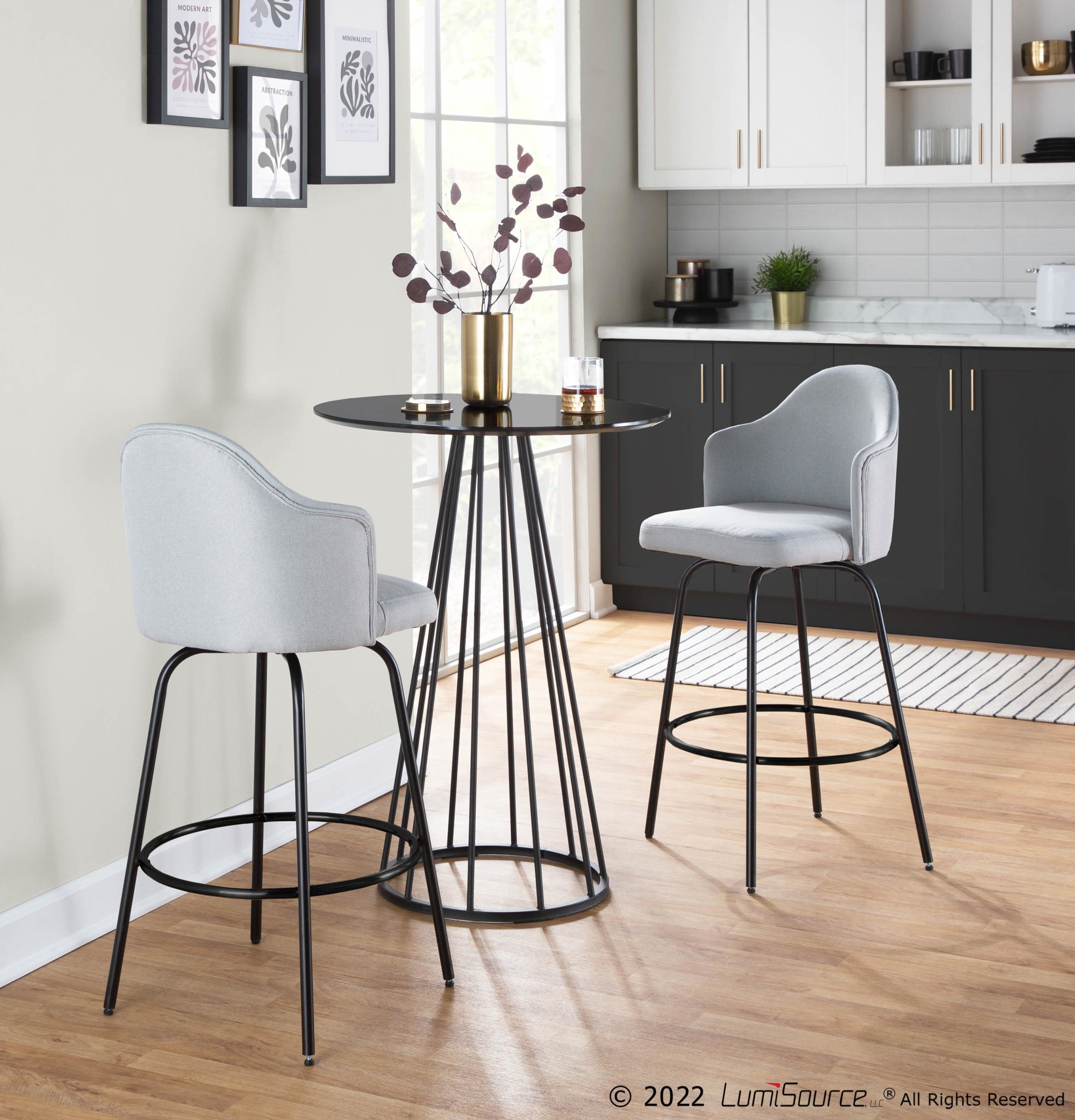 Ahoy Light Grey Fabric Black Metal Contemporary Counter Stools (Set of 2) 2 Ahoy Light Grey Fabric Black Metal Contemporary Counter Stools (Set of 2) - Image 2