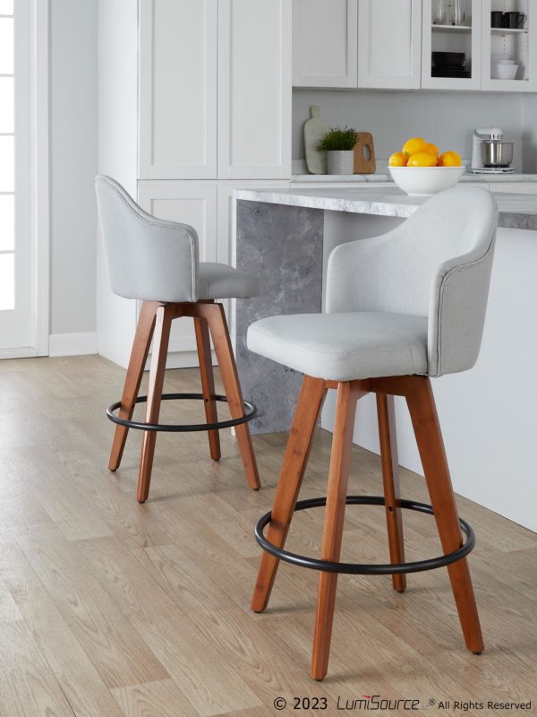 Ahoy Light Grey Fabric Walnut Bamboo Contemporary Counter Stools Set of 2 1