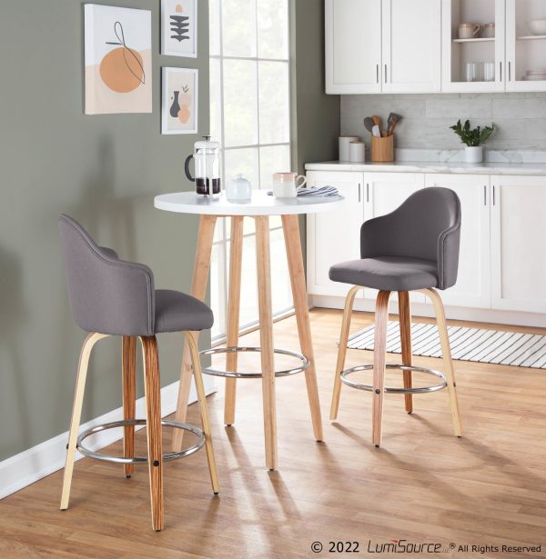 Ahoy Zebra Wood Grey Fabric Mid Century Modern Counter Stool Set of 2 1
