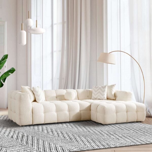 Modern Ivory Boucle Tufted Right Sectional Sofa 4-Seater