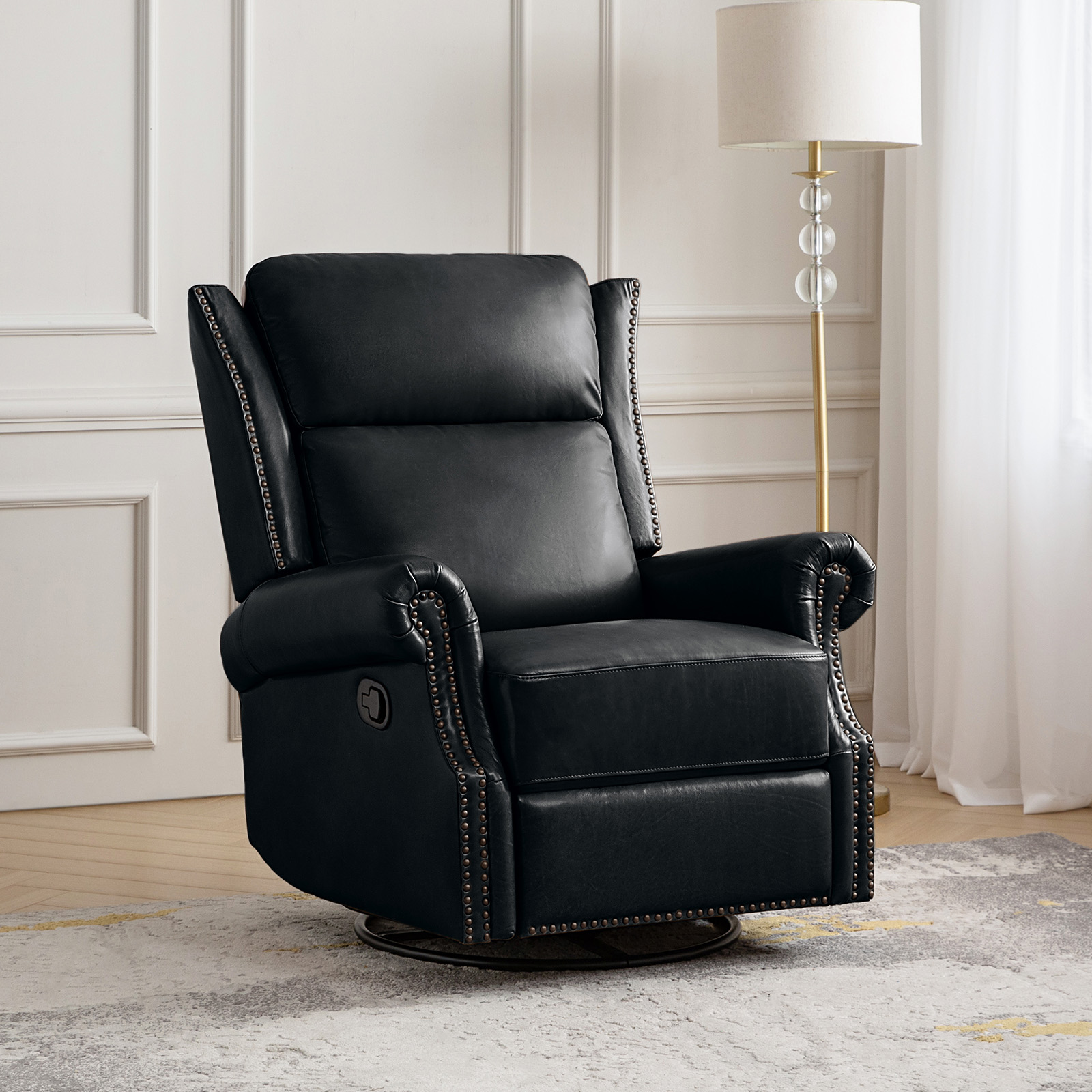 Albert Black Leather Swivel Rocker Manual Nailhead Trim Recliner 2 Albert Black Leather Swivel Rocker Manual Nailhead Trim Recliner - Image 2