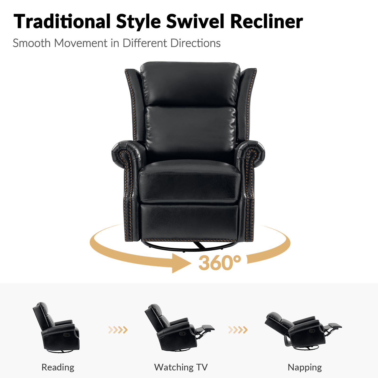 Albert Black Leather Swivel Rocker Manual Nailhead Trim Recliner 3 Albert Black Leather Swivel Rocker Manual Nailhead Trim Recliner - Image 3