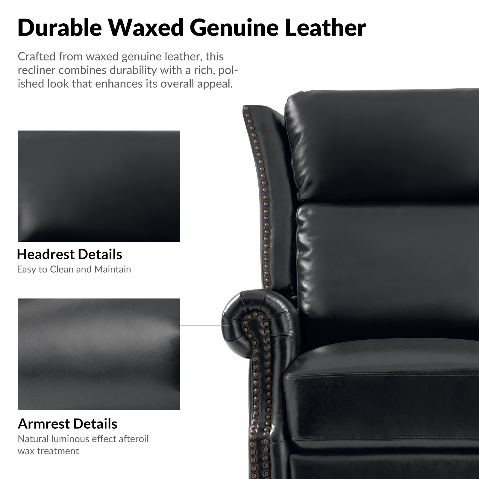Albert Black Leather Swivel Rocker Manual Nailhead Trim Recliner 5 Albert Black Leather Swivel Rocker Manual Nailhead Trim Recliner - Image 5