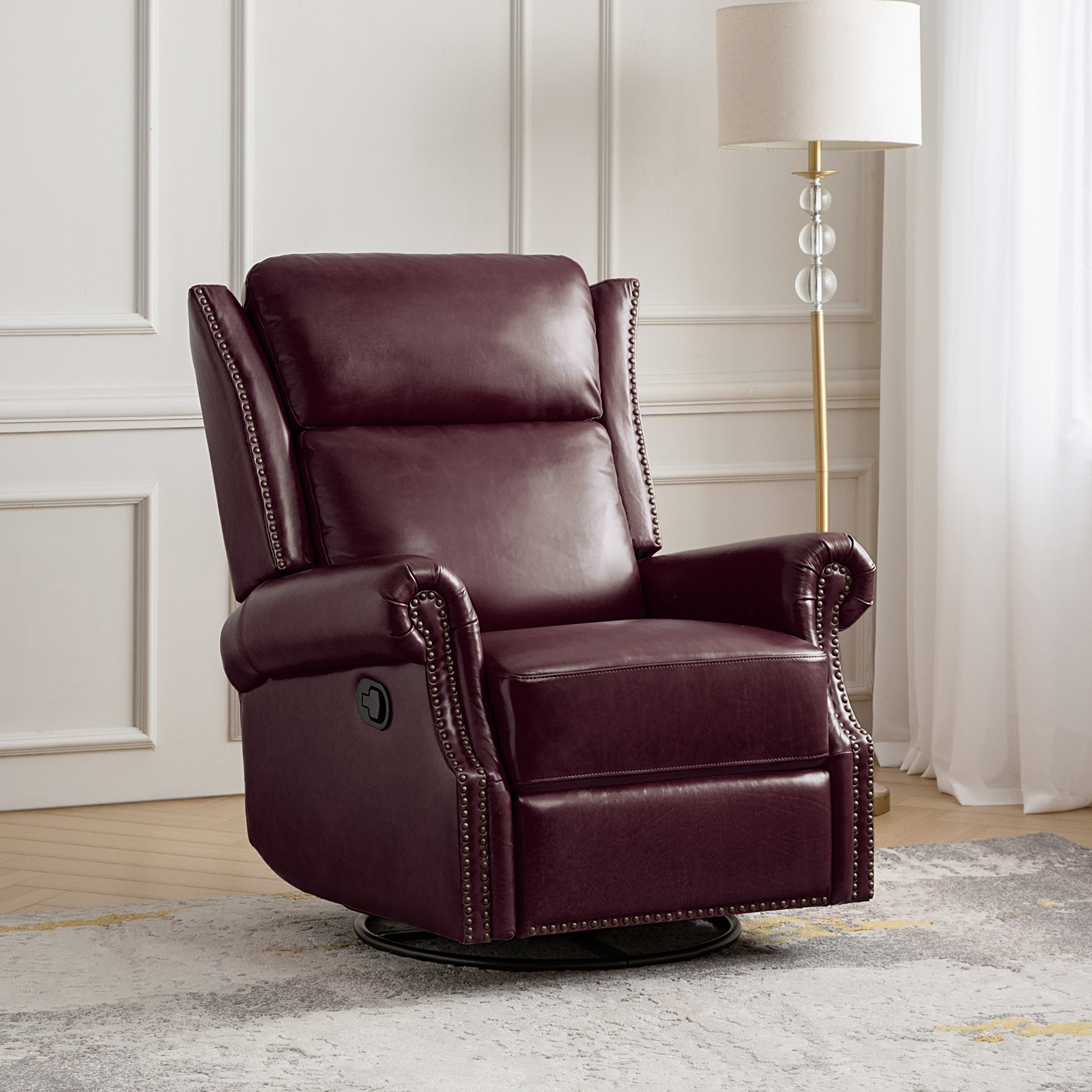 Albert Burgundy Leather Swivel Rocking Manual Nailhead Trim Recliner 2 Albert Burgundy Leather Swivel Rocking Manual Nailhead Trim Recliner - Image 2