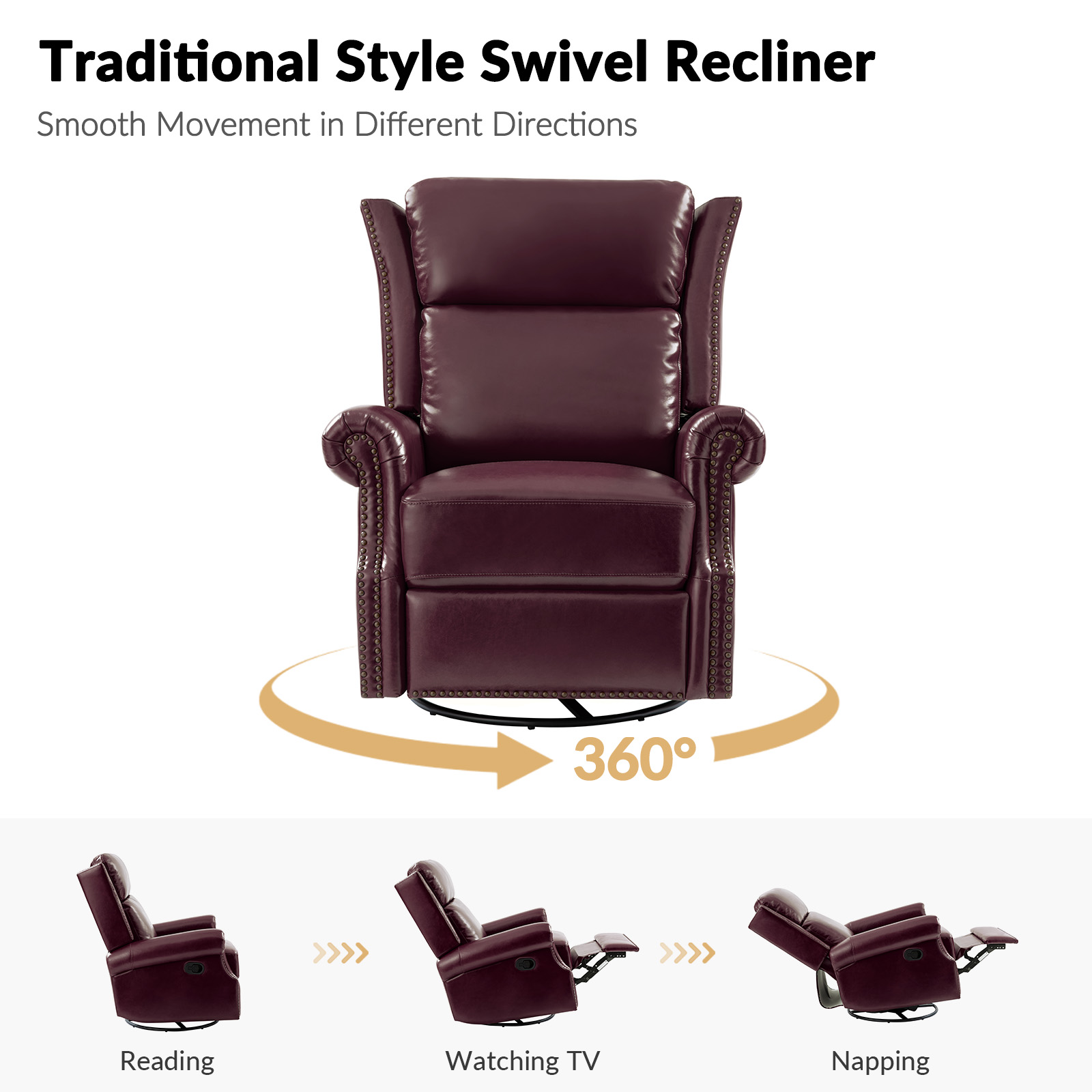 Albert Burgundy Leather Swivel Rocking Manual Nailhead Trim Recliner 3 Albert Burgundy Leather Swivel Rocking Manual Nailhead Trim Recliner - Image 3