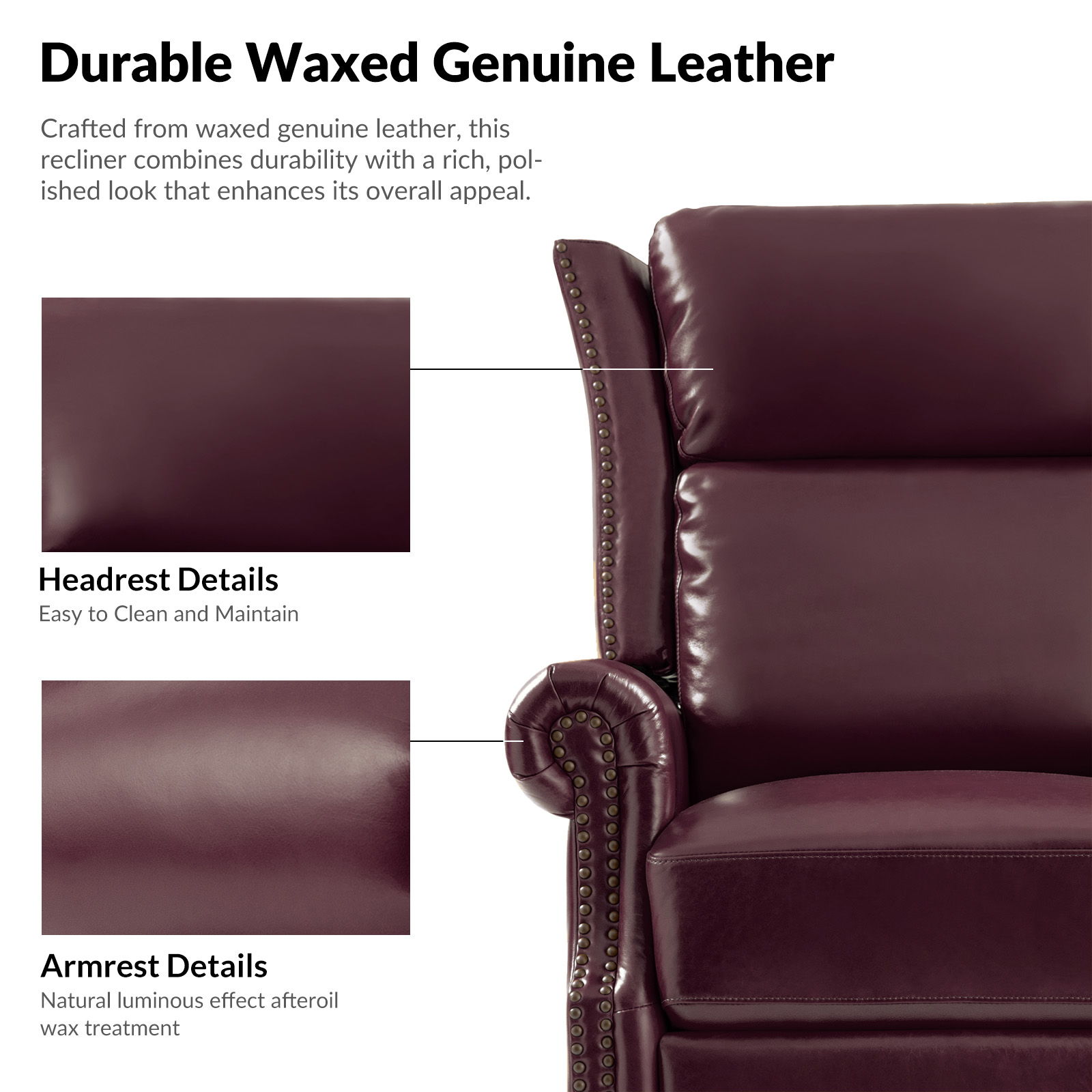 Albert Burgundy Leather Swivel Rocking Manual Nailhead Trim Recliner 5 Albert Burgundy Leather Swivel Rocking Manual Nailhead Trim Recliner - Image 5