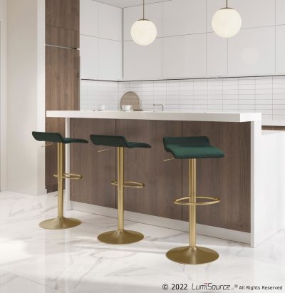 Ale Green Velvet Gold Adjustable Bar Stools (Set of 2)