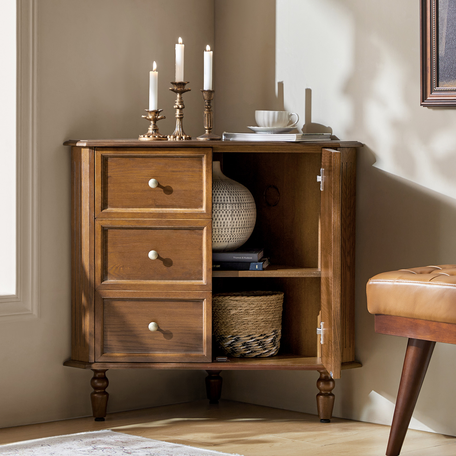 Alex Walnut Two-Door Faux Drawer Corner Cabinet 3 Alex Walnut Two-Door Faux Drawer Corner Cabinet - Image 3