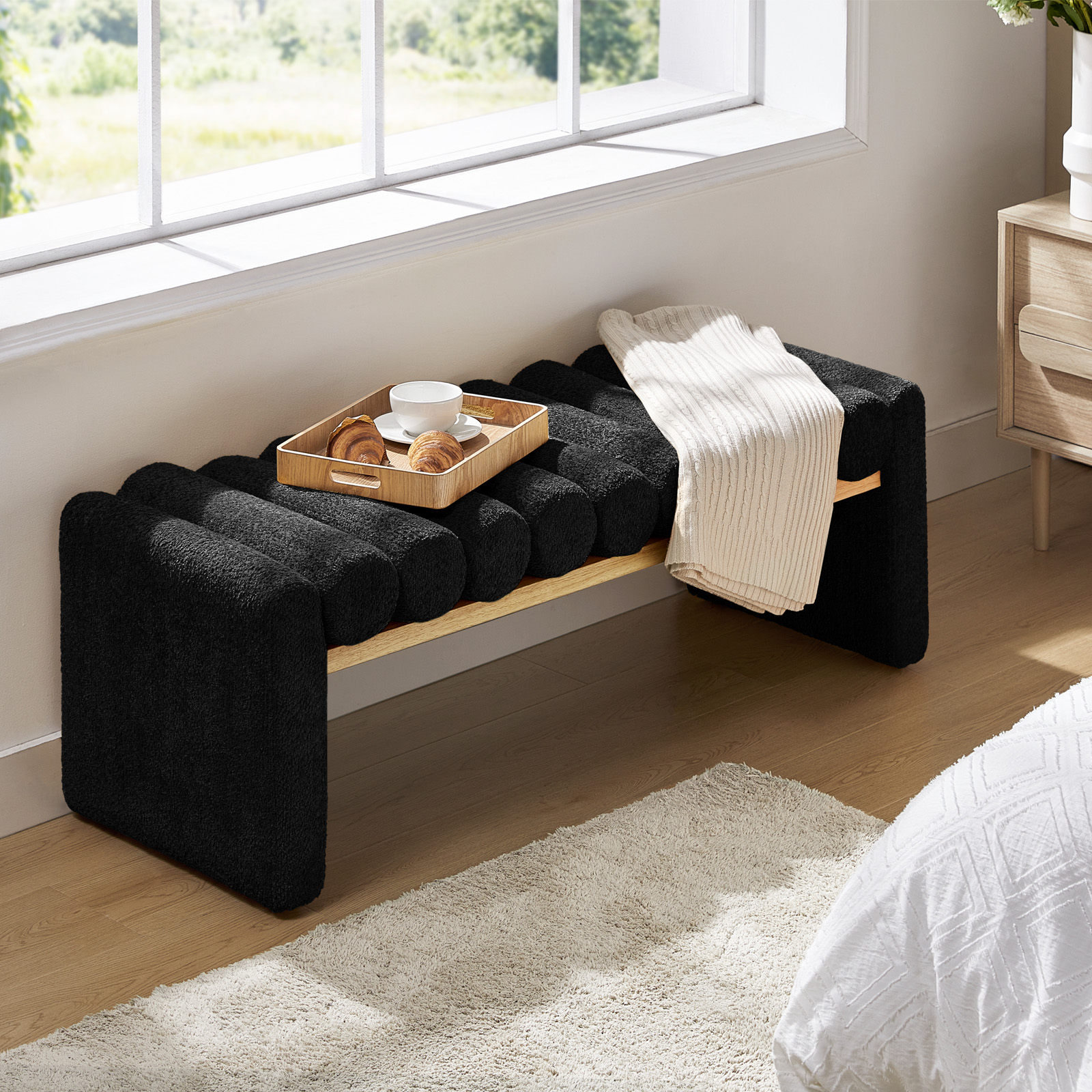 Alexia Black Solid Wood H-Shape Bench with Bolsters 2 Alexia Black Solid Wood H-Shape Bench with Bolsters - Image 2