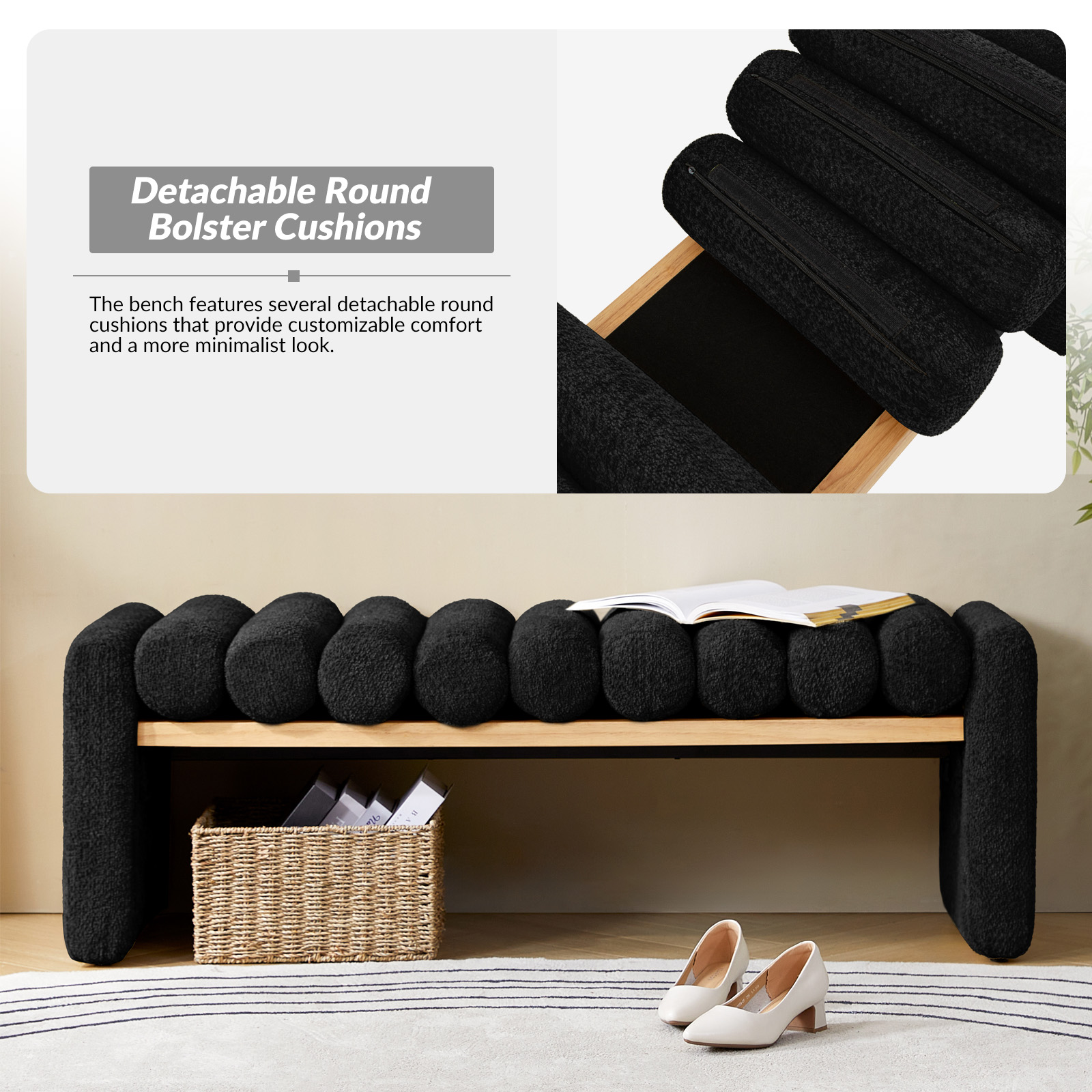 Alexia Black Solid Wood H-Shape Bench with Bolsters 4 Alexia Black Solid Wood H-Shape Bench with Bolsters - Image 4