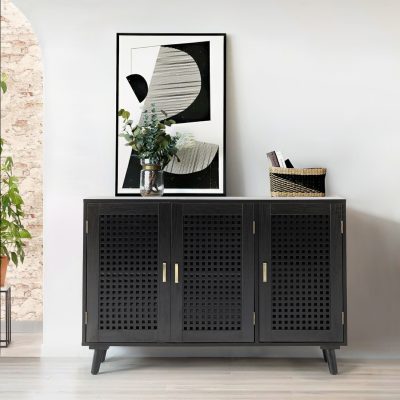 Alexis Black 3-Door Lattice Beech Wood Accent Sideboard Cabinet