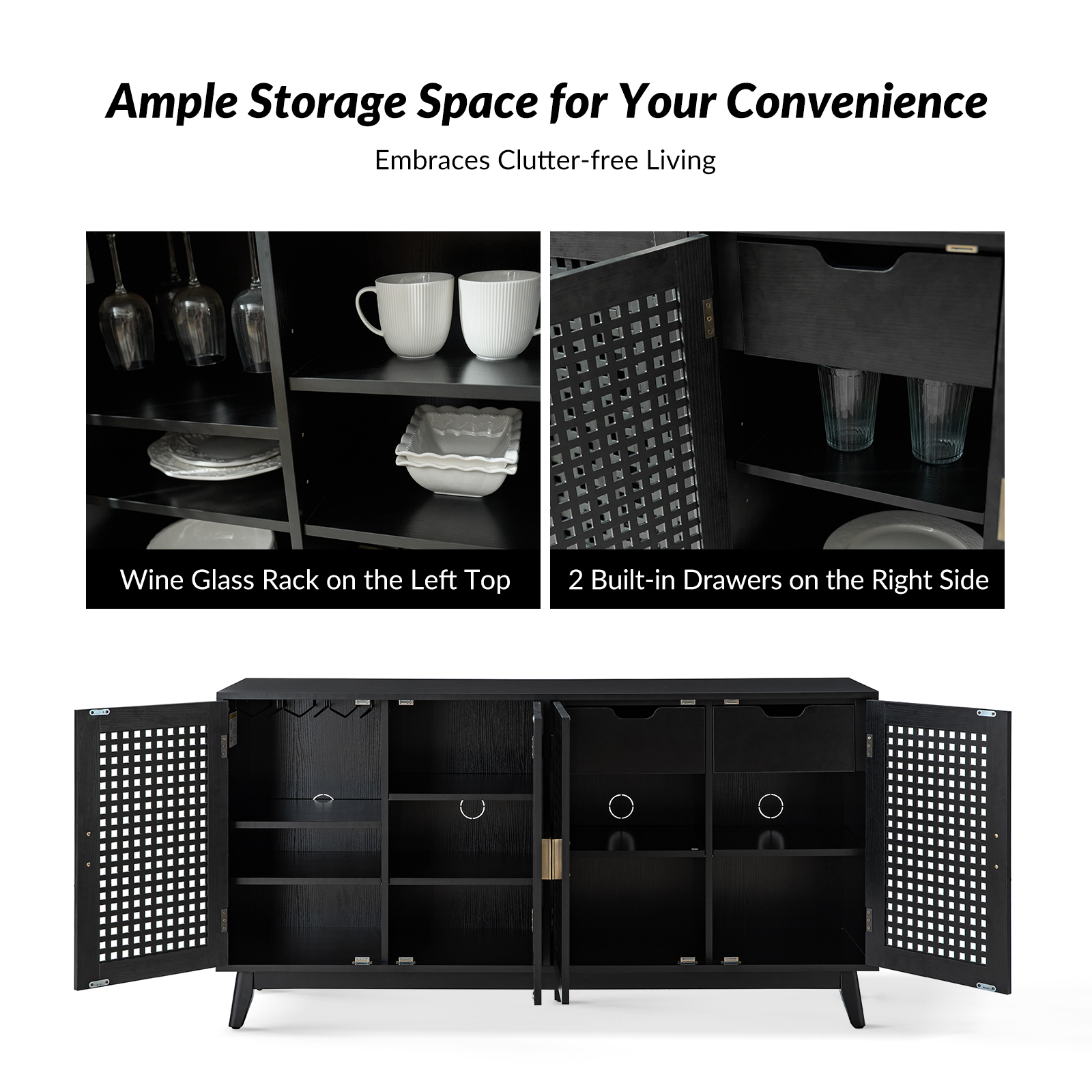 Alexis Black Geometric Latticework Door Sideboard with Wine Rack 3 Alexis Black Geometric Latticework Door Sideboard with Wine Rack - Image 3