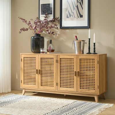 Alexis Walnut Geometric Latticework Door Sideboard with Wine Rack