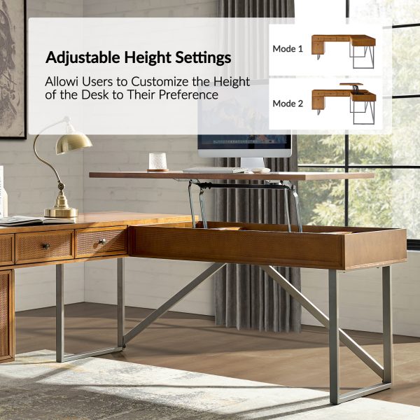 Alfons Acorn L Shape Sit Stand Desk with Rattan Drawer 2