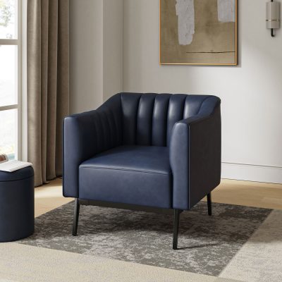 Alfons Navy Faux Leather Industrial Accent Chair with Metal Legs