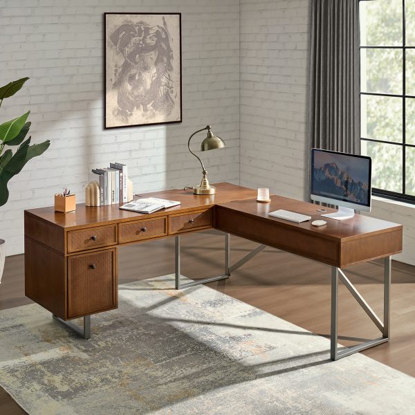 Alfons Walnut L Shape Sit Stand Industrial Desk Rattan Drawer 1