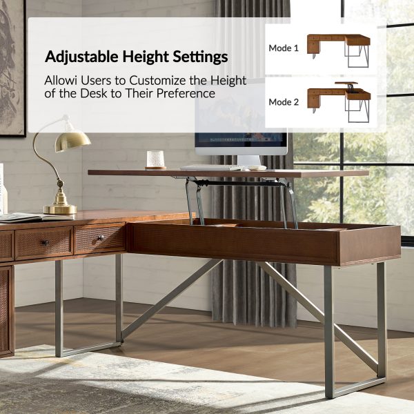 Alfons Walnut L Shape Sit Stand Industrial Desk Rattan Drawer 2