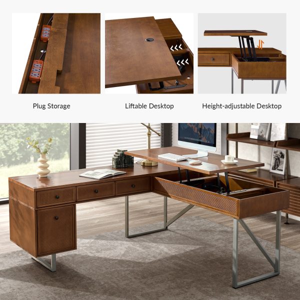 Alfons Walnut L Shape Sit Stand Industrial Desk Rattan Drawer 3