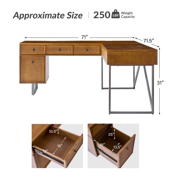 Alfons Walnut L Shape Sit Stand Industrial Desk Rattan Drawer 4