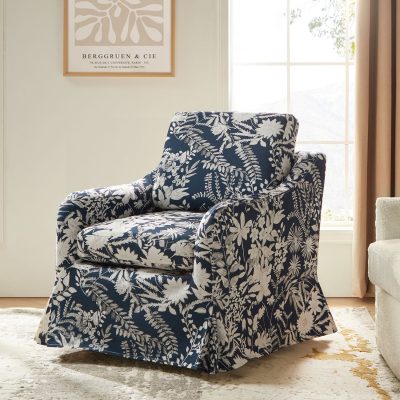 Alois Navy Floral Slipcover Swivel Accent Chair