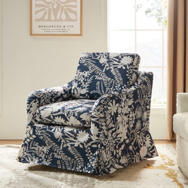 Alois Navy Floral Slipcover Swivel Accent Chair