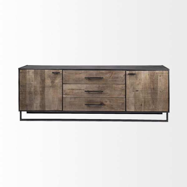 Alvin 82x20 Brown Solid Wood With Black Metal Frame 3 Drawer 2 Cabinet Door Sideboard 1