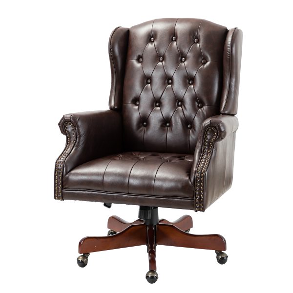 Amadeo Brown Faux Leather Tufted Wingback Swivel Office Chair 1