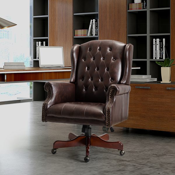 Amadeo Brown Faux Leather Tufted Wingback Swivel Office Chair